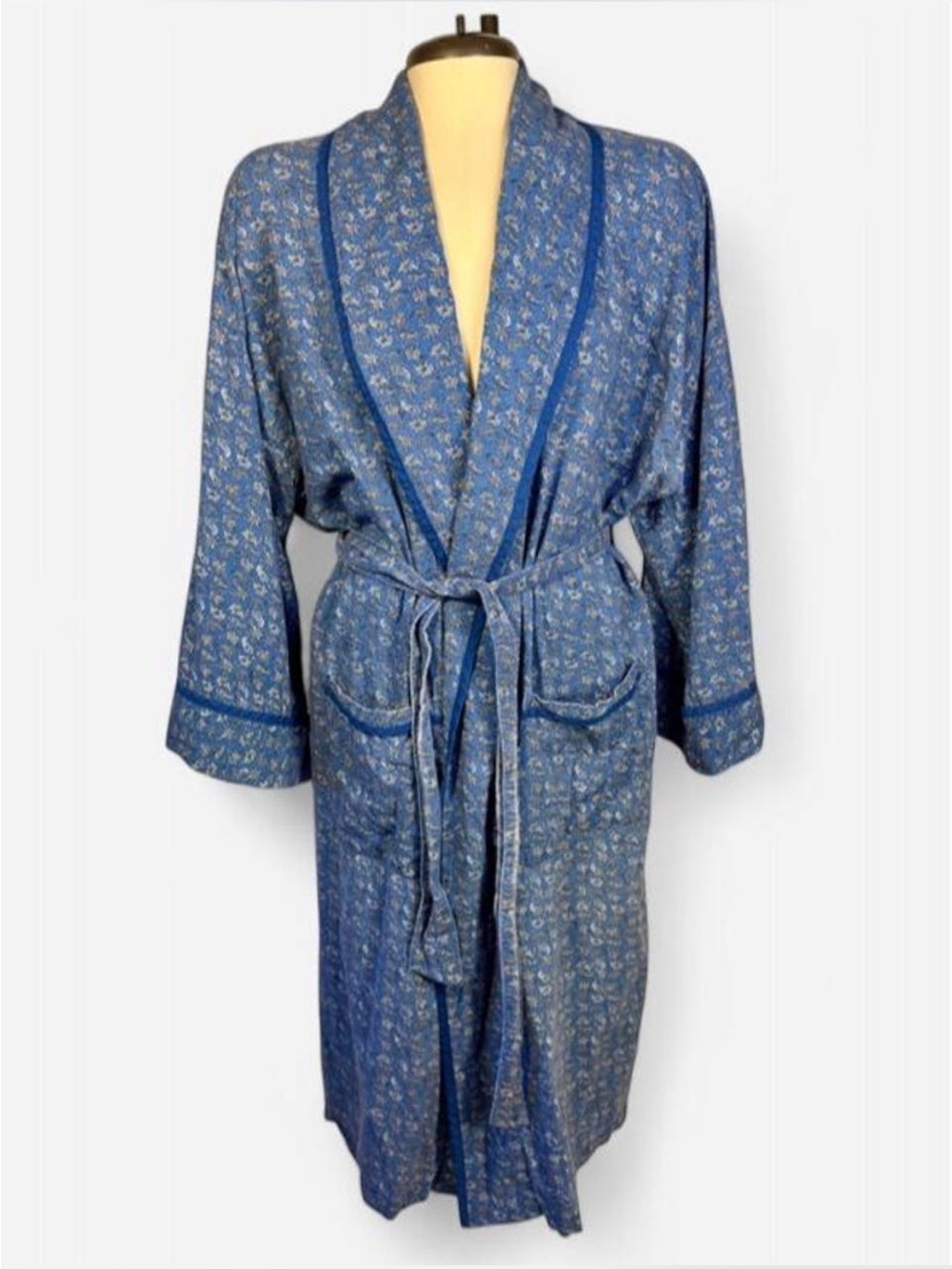 Izod Paisley Cotton Kimono Robe Blue Tie Waist Shawl Collar One Size